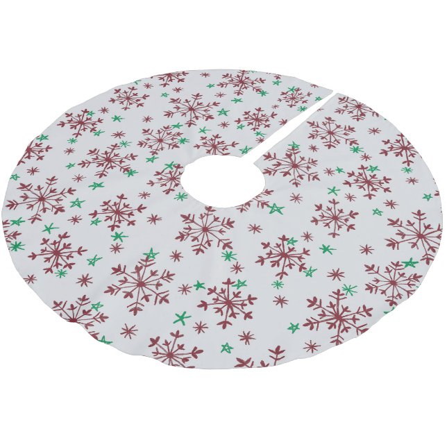 Snowflakes Pattern - Red & Green on Silver Grey Brushed Polyester Tree Skirt (Angled)