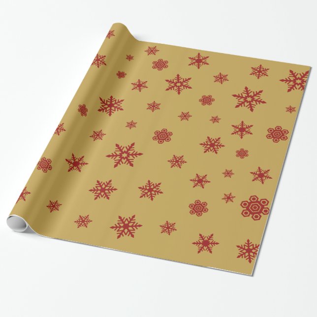 Snowflakes Pattern Red on Gold Wrapping Paper (Unrolled)