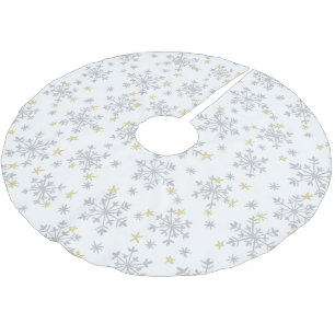 Snowflakes Pattern - Silver & Gold on White Brushed Polyester Tree Skirt