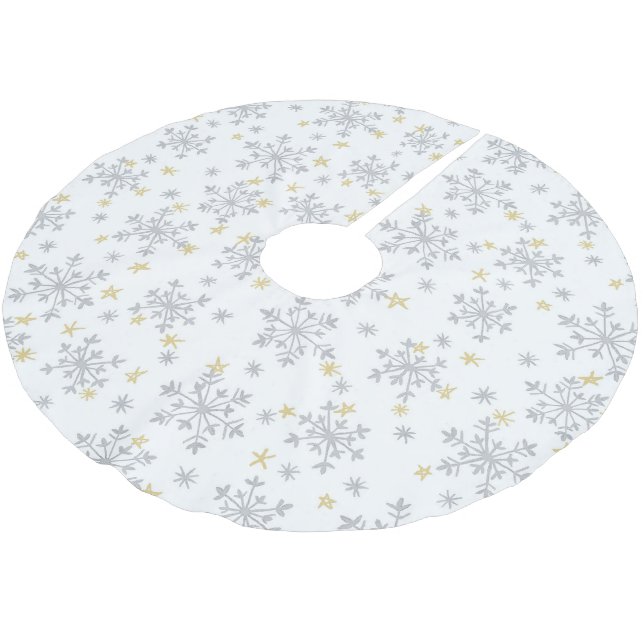 Snowflakes Pattern - Silver & Gold on White Brushed Polyester Tree Skirt (Angled)