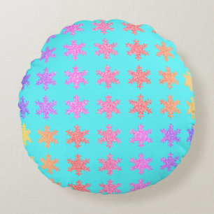 Snowflakes Patterns Glittery Gold Turquoise Blue Round Cushion