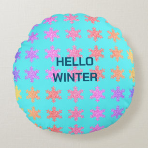 Snowflakes Patterns Hello Winter Typography Blue Round Cushion