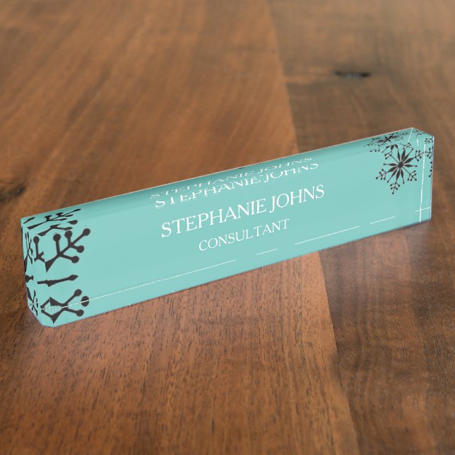 Snowflakes Patterns Winter Christmas Teal Blue Nameplate (Side)