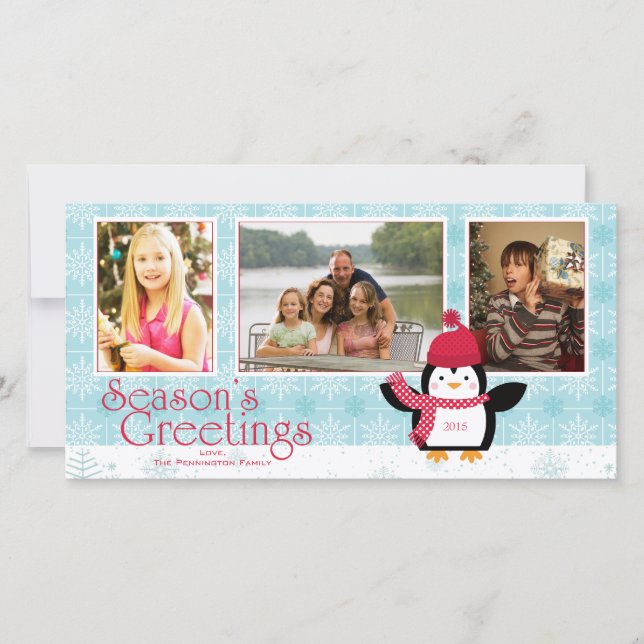 Snowflakes penguin season's greetings 3 photo card (Front)