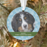Snowflakes personalised Dog First Christmas photo  Ornament<br><div class="desc">Custom photo ornament,  Dogs First Christmas 
You can add your own photo and add your text to make it personal.
If you need help please contact me.</div>