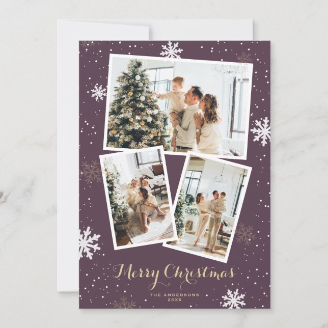Snowflakes Photo Collage Purple Merry Christmas Holiday Card (Front)