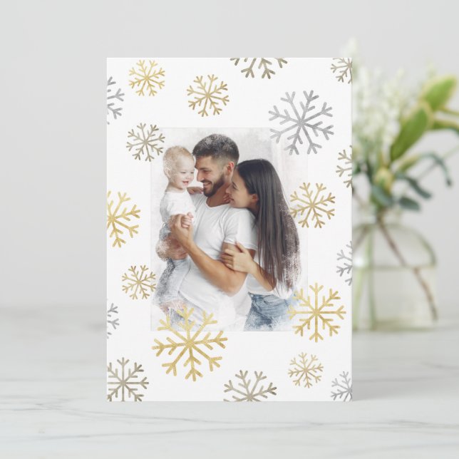 Snowflakes Photo Gold Silver Snow Holiday Script Card (Standing Front)