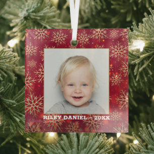 Snowflakes Photo Red Glass Tree Decoration
