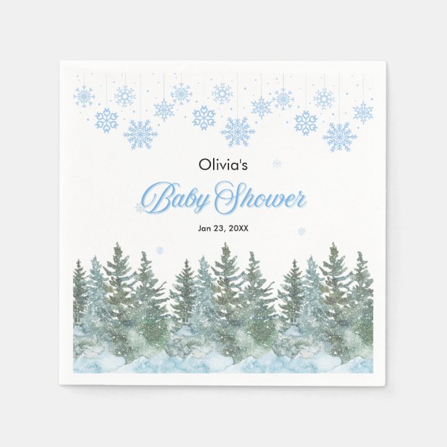 Snowflakes Pine Trees Winter Baby Shower  Napkin (Front)