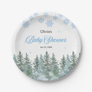 Snowflakes Pine Trees Winter Baby Shower Paper Plate
