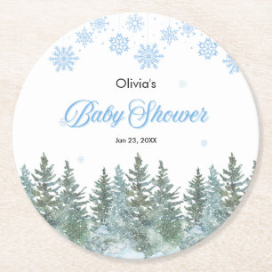 Snowflakes Pine Trees Winter Baby Shower  Round Paper Coaster