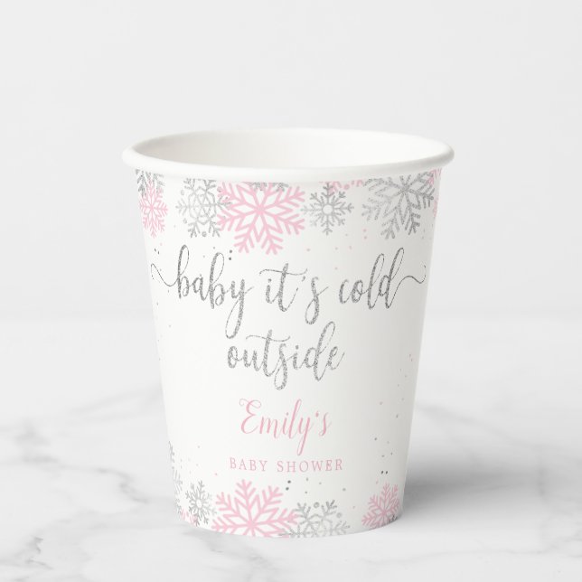 Snowflakes Pink And Silver Winter Girl Baby Shower Paper Cups (Front)