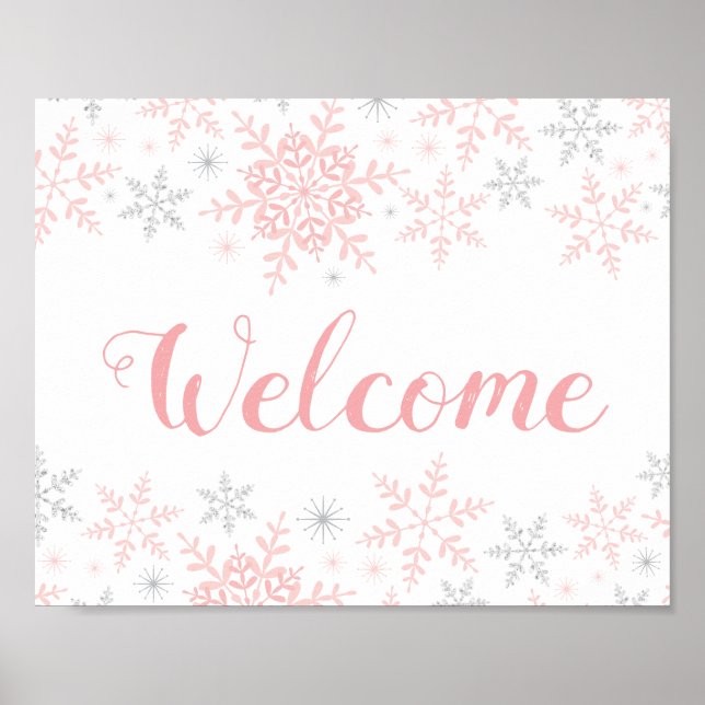 Snowflakes Pink Baby Girl Shower Welcome Sign (Front)