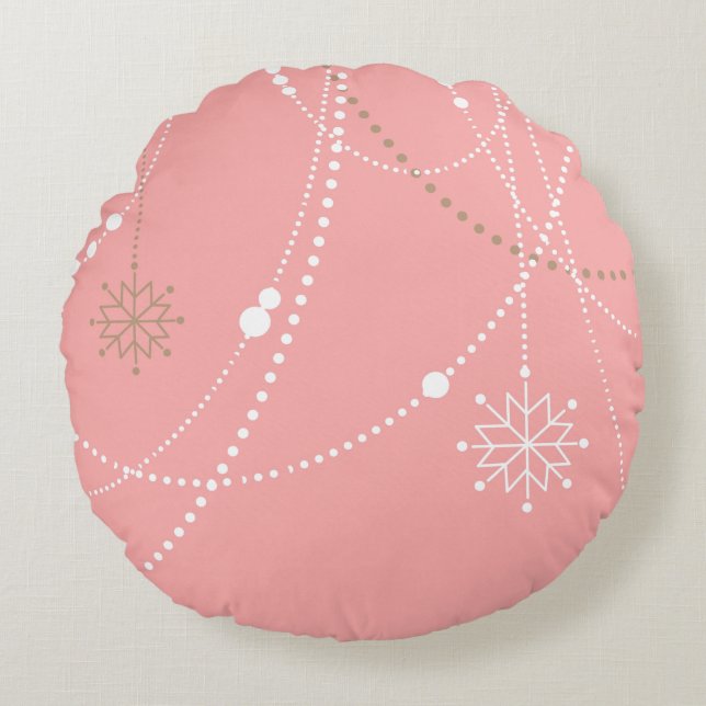 Snowflakes pink mid century elegant winter cute round cushion (Front)