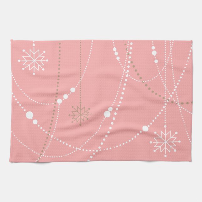 Snowflakes pink mid century elegant winter cute tea towel (Horizontal)