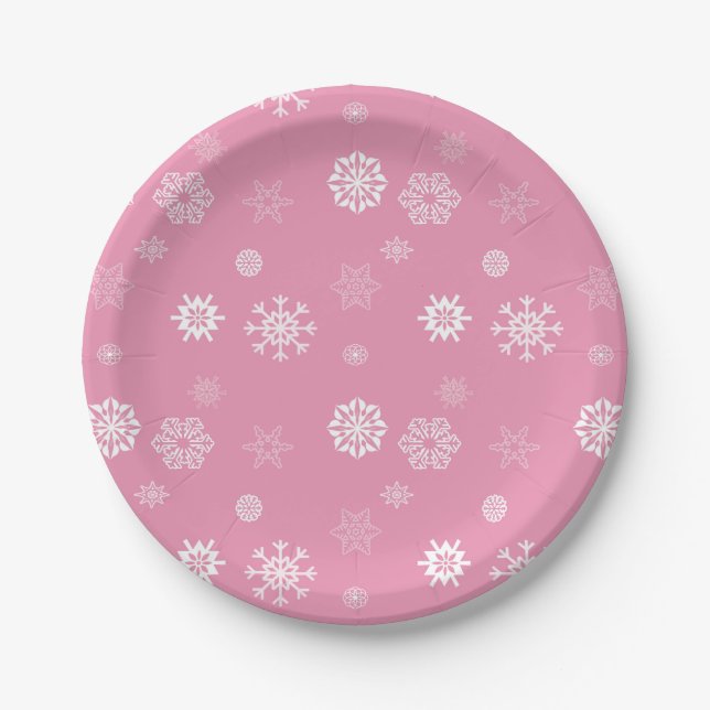 Snowflakes Pink Paper Plate (Front)