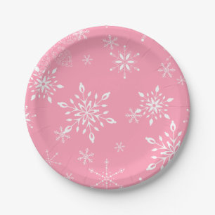 Snowflakes Pink Paper Plate