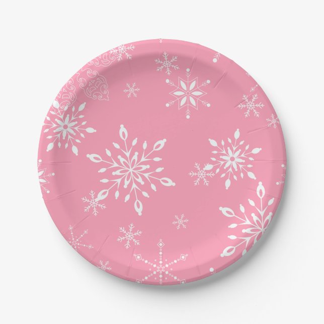 Snowflakes Pink Paper Plate (Front)