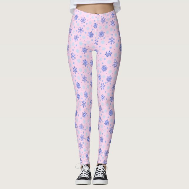 Snowflakes Pink Pastel Pink Elegant Stylish Girly Leggings (Front)