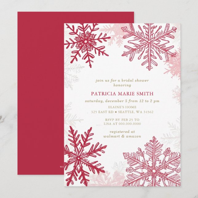Snowflakes Pink Red Christmas Winter Bridal Shower Invitation (Front/Back)