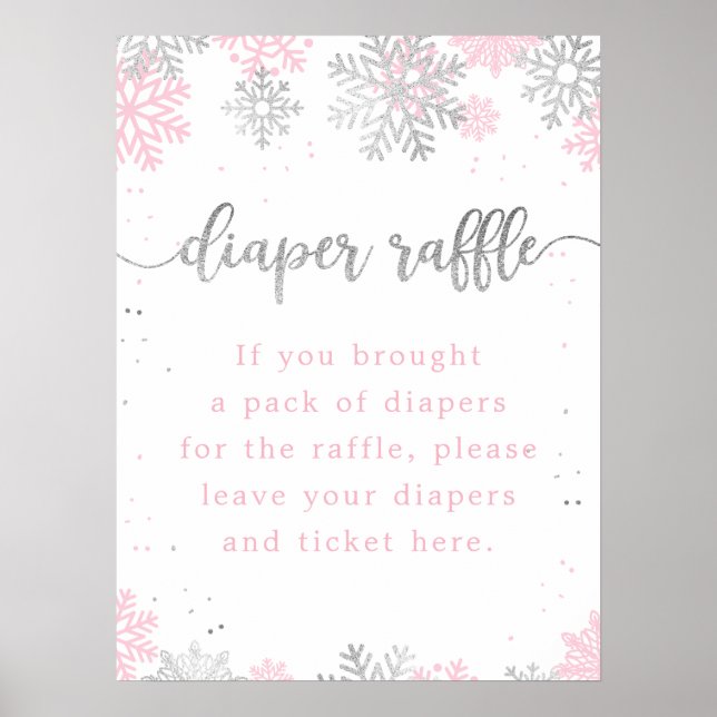 Snowflakes Pink Silver Diaper Raffle Baby Shower Poster (Front)