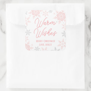 Snowflakes Pink & Silver Glitter Christmas Gift Square Sticker