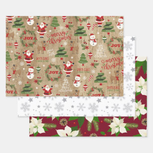 Snowflakes Poinsettias and Santa Claus  Wrapping Paper Sheet