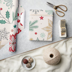 snowflakes poinsettias holly berries holidays  wrapping paper