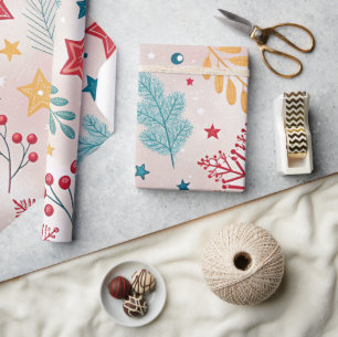 snowflakes poinsettias holly berries holidays wrapping paper