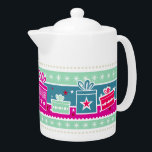 Snowflakes & Presents Porcelain Teapot<br><div class="desc">Retro holiday design featuring wrapped gifts and snowflakes in a palette of cool retro colours.</div>