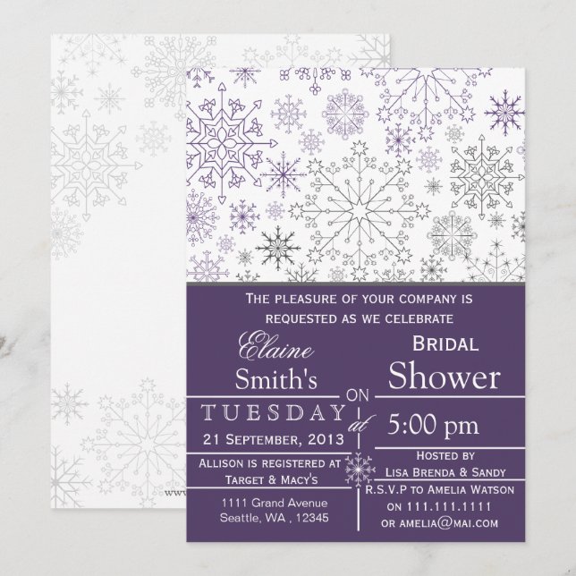Snowflakes Purple Grey Winter Bridal shower Invite (Front/Back)
