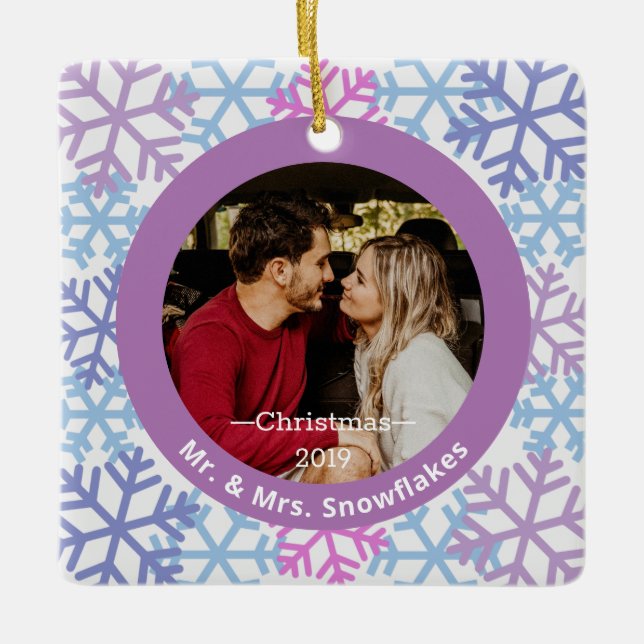 Snowflakes Purple Photo Christmas Ornament (Front)