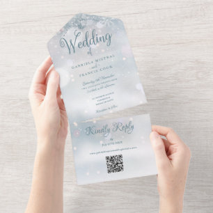 Snowflakes QR Code Monogram Winter Wedding All In One Invitation