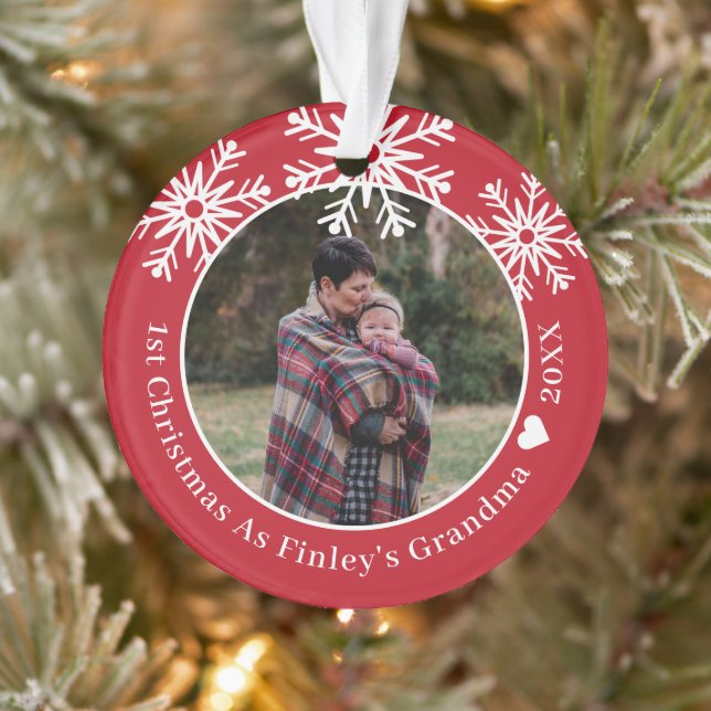 Snowflakes Red 1st Christmas As Grandma Photo Ornament (Tree)