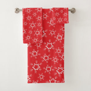 Snowflakes, Red and White Snowflakes, Snow Bath Towel Set