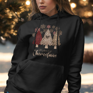 Snowflakes Red Buffalo Plaid Boho Christmas Tree Hoodie