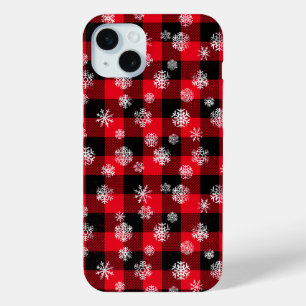 Snowflakes Red Buffalo Plaid Christmas iPhone 15 Mini Case