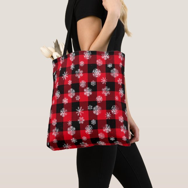 Snowflakes Red Buffalo Plaid l Christmas Pattern Tote Bag (Close Up)