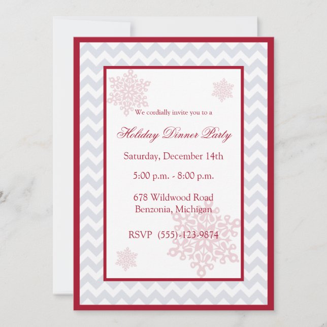 Snowflakes Red Chevron Holiday Party Invitations (Front)