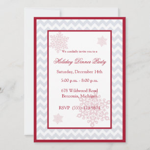 Snowflakes Red Chevron Holiday Party Invitations
