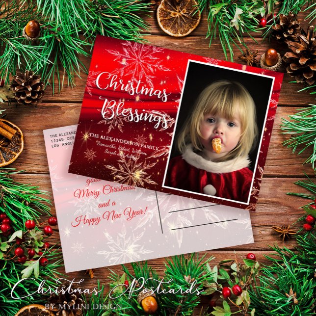 Snowflakes Red Christmas Blessings Family Picture Holiday Postcard (Creator Uploaded)