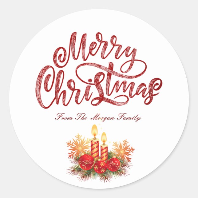 Snowflakes Red Christmas Candles Merry Christmas Classic Round Sticker (Front)