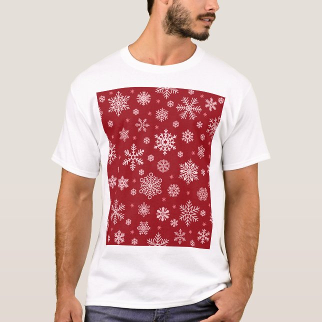 Snowflakes, red decor, Christmas pattern. T-Shirt (Front)