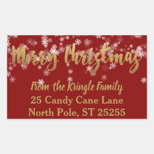 Snowflakes Red Gold Merry Christmas Return Address Rectangular Sticker