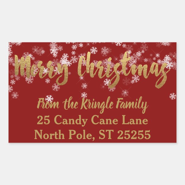 Snowflakes Red Gold Merry Christmas Return Address Rectangular Sticker (Front)