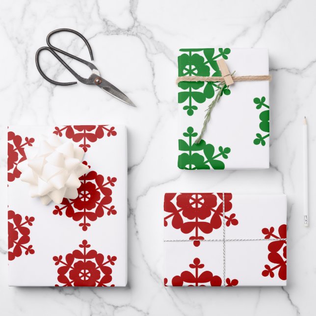 Snowflakes Red Green White Wrapping Paper Sheet (Front)