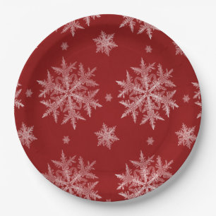 Snowflakes Red Holiday Christmas Paper Plate