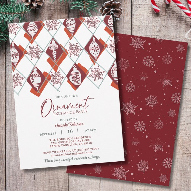 Snowflakes Red Ornament Christmas Exchange Party Invitation (Creator Uploaded)