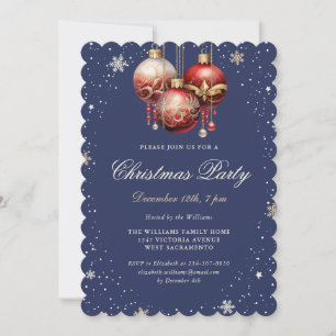 Snowflakes Red Ornaments Blue Christmas Party Invitation