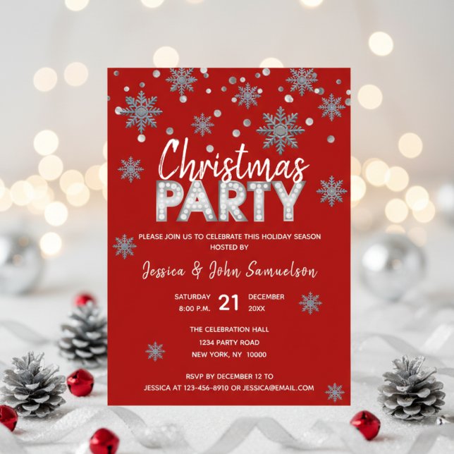 Snowflakes RED Silver Holiday CHRISTMAS PARTY Invitation (Snowflakes RED Silver Holiday CHRISTMAS PARTY Invitation)
